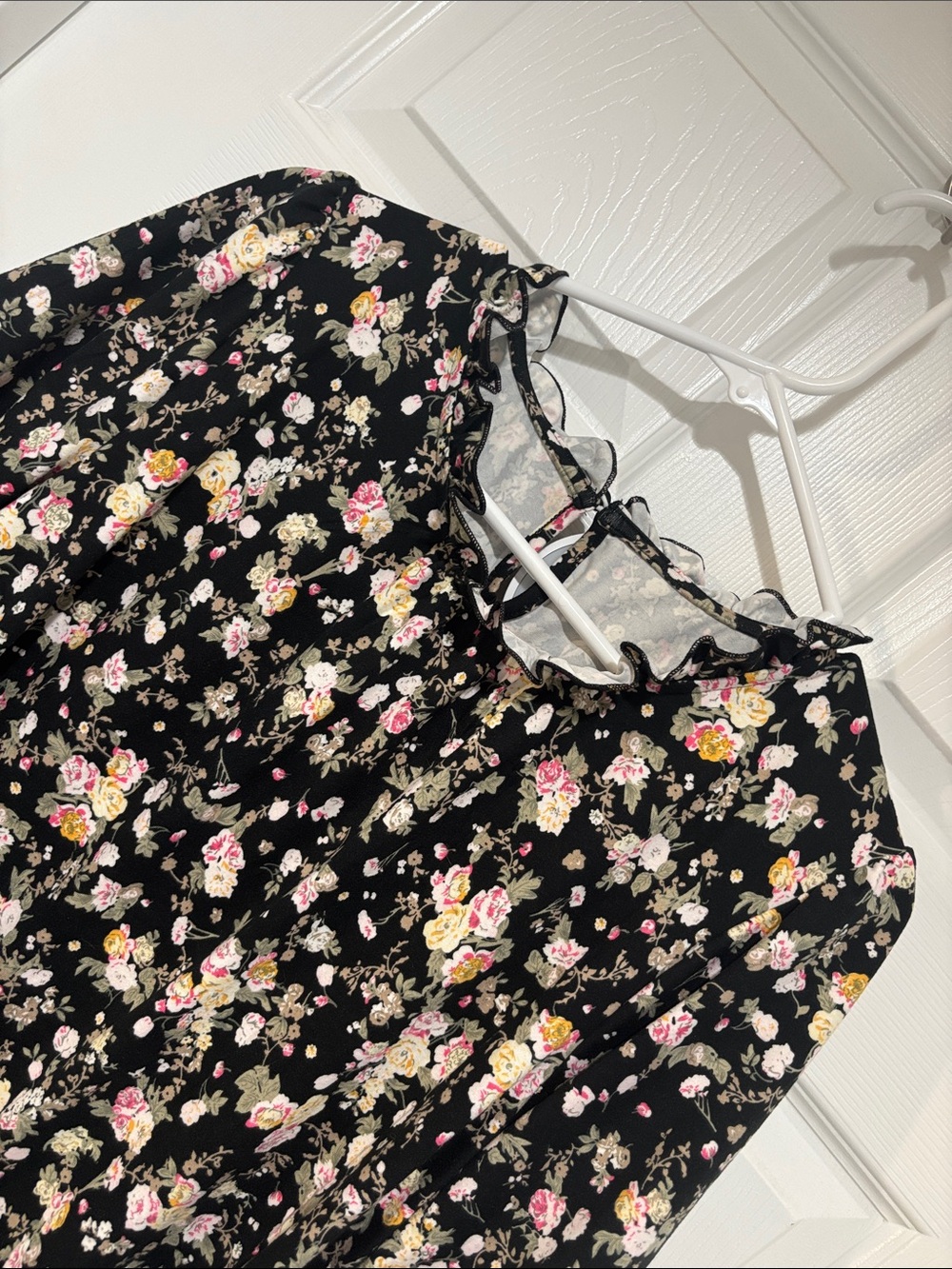 Romantic Floral Black Ruffle Neck and Sleeve Women's Blouse